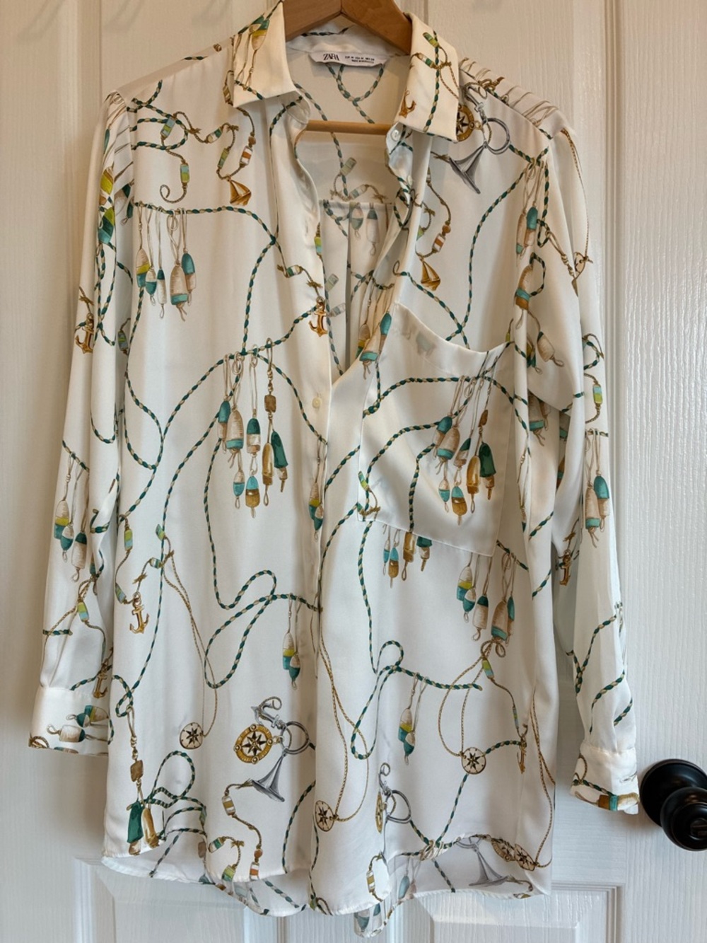 Zara White Nautical Print Button-Up Blouse